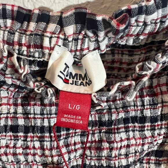 Tommy Jeans Plaid Smocked Peplum Top Womens Size L Square-Neck Multicolor NEW - Picture 3 of 4